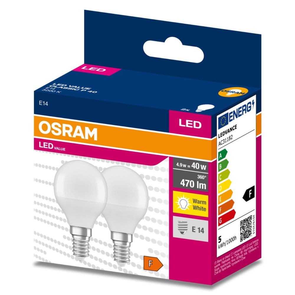 E-shop 2PAK LED žiarovka E14 P45 4,9W = 40W 470lm 2700K Warm 200° OSRAM VALUE