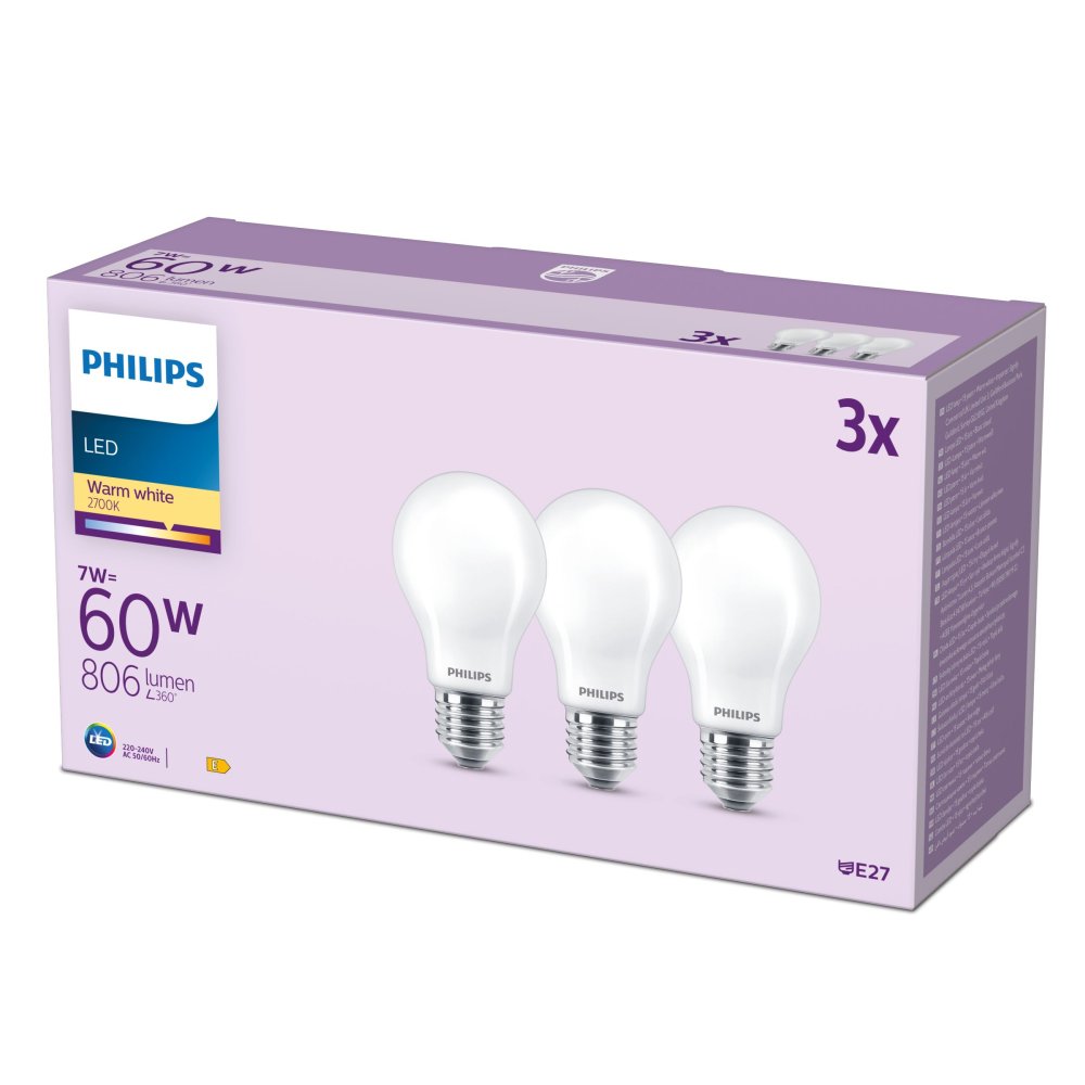 3x LED žiarovka E27 A60 7W = 60W 806lm 2700K Warm 300° FILAMENT EC Multipack Philips