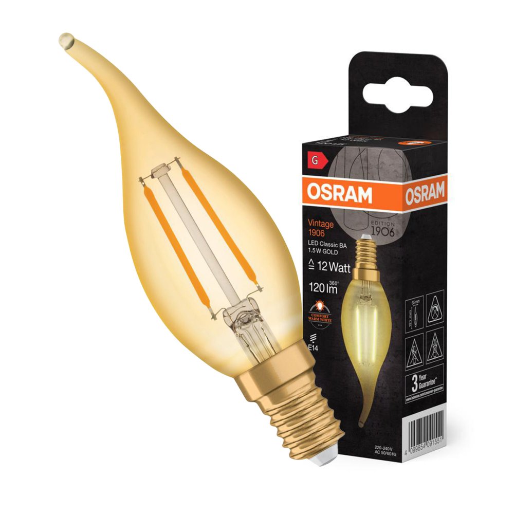 Dekoratívna žiarovka LED B36 Candle E14 1,5W = 12W 120lm 2400K Warm 300° Vintage 1906 Osram
