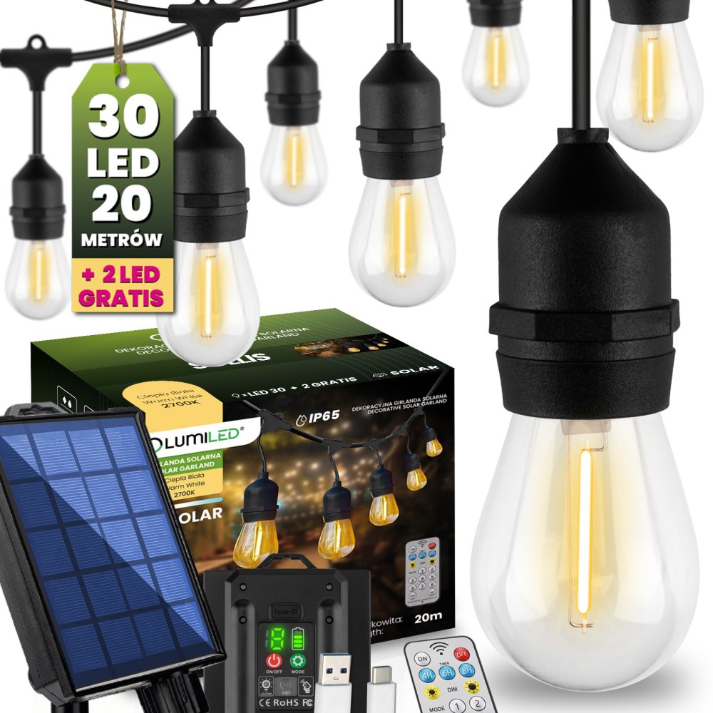 Solárna záhrada Girland 15x LED dekoratívne žiarovky 10m + PILOT IP65 2700K Warm SOLLIS LUMILED