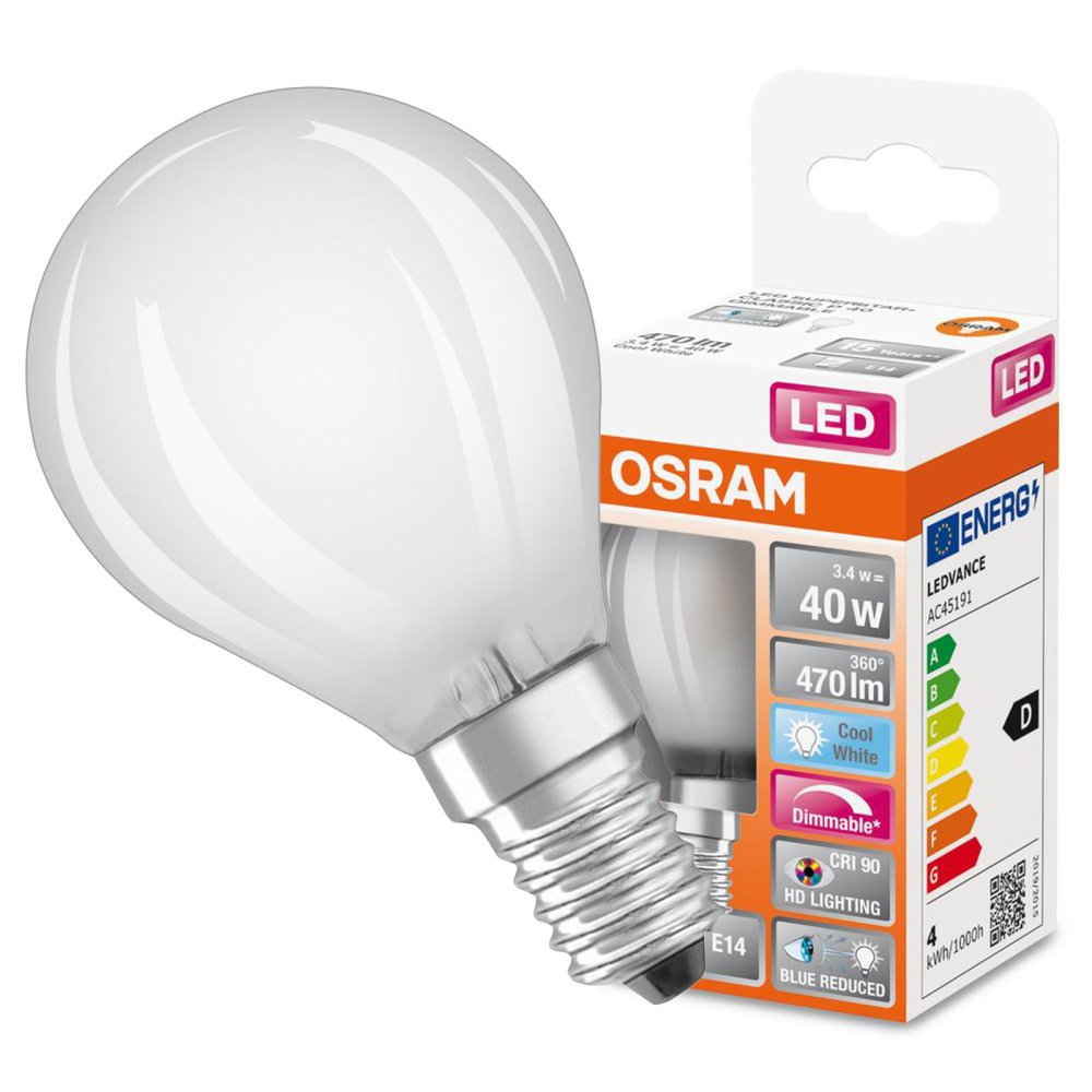 LED žiarovka P45 Ball E14 3,4W = 40W 470lm 4000K Neutrálne CRI90 300° Stmievateľné vlákno SUPERSTAR PLUS CLASSIC Osram