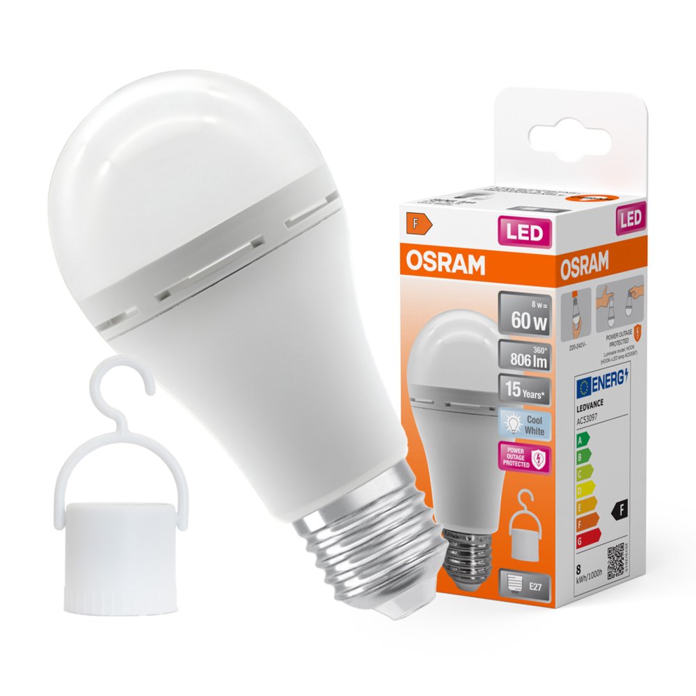 Nabíjateľná LED žiarovka A60 E27 8W = 60W 806lm 4000K Neutrálne 180° Núdzové osvetlenie NABÍJATEĽNÉ ŽIAROVKY Osram
