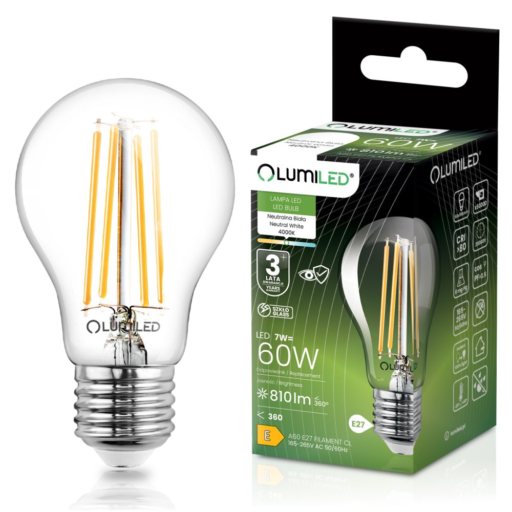 E-shop LED žiarovka E27 A60 7W = 60W 810lm 4000K neutrálna 360° FILAMENT LUMILED