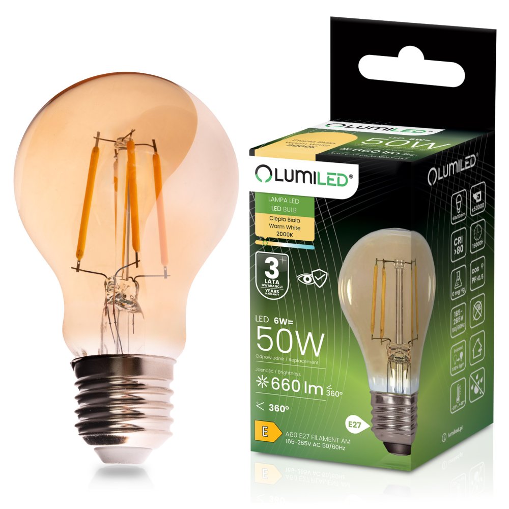 E-shop LED žiarovka E27 A60 6W 660lm = 50W 2000K teplá 360° filament amber LUMILED