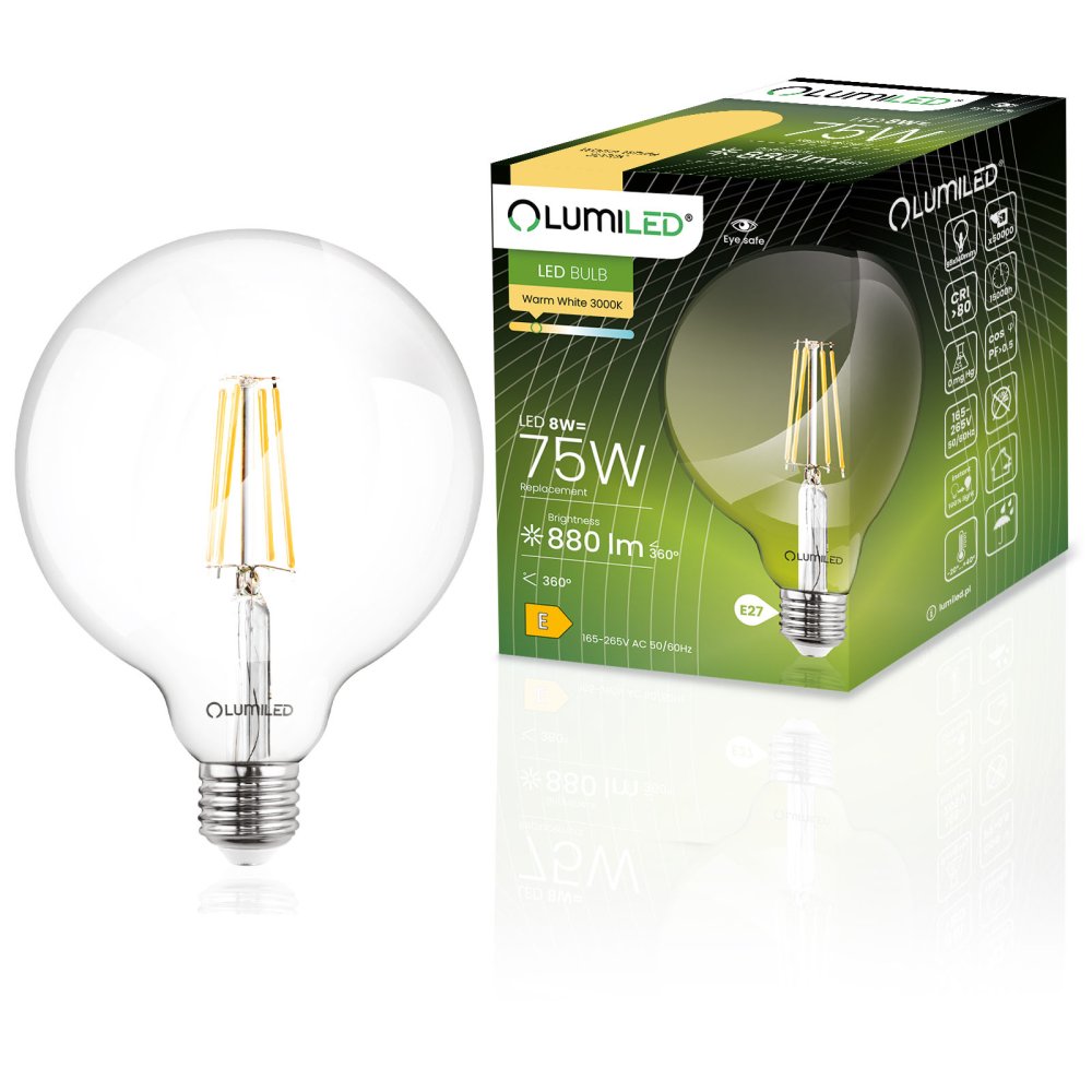 E-shop Dekoratívna LED žiarovka E27 G95 8W = 75W 880lm 3000K teplá 360° žiarovka LUMILED globe