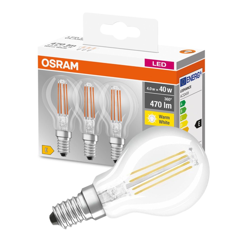 3PAK LED žiarovka E14 P45 4W = 40W 470lm 2700K Warm 320° Filament OSRAM