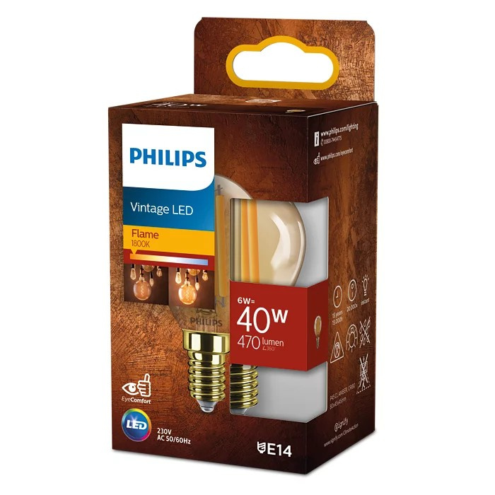 LED žiarovka guľová E14 P45 6W = 40W 470lm 1800K teplé vlákno jantárová PHILIPS