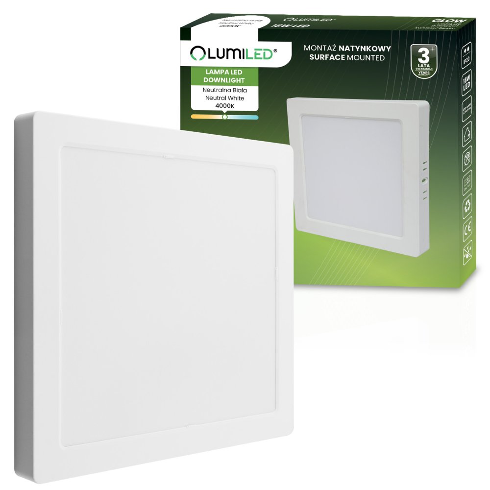 Stropné svietidlo LED s povrchovou montážou 18W Square 4000K GLOW White LUMILED
