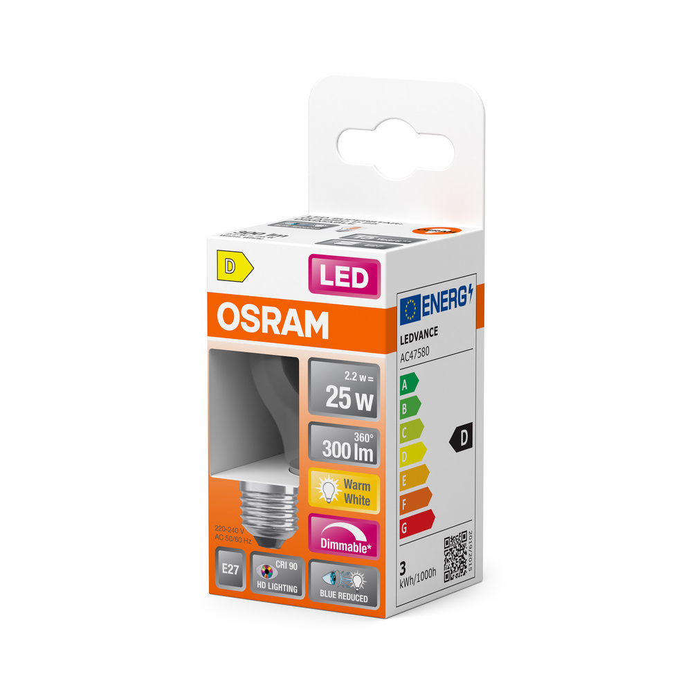LED žiarovka P45 Ball E27 2,2W = 25W 300lm 2700K Warm CRI90 300° Stmievateľné vlákno SUPERSTAR PLUS CLASSIC Osram