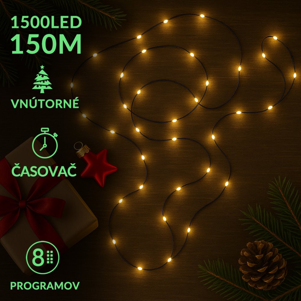 Vianočná led svetelná mikro reťaz vonkajšia - programy - časovač - ovládač - 1500led - 150m - teplá biela