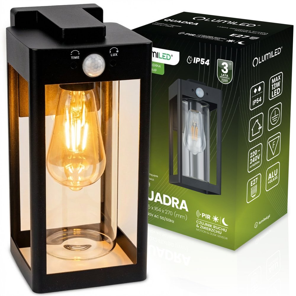 E-shop Vonkajšie nástenné svietidlo záhradné fasádne E27 so senzorom pohybu a súmraku IP54 QUADRA LUMILED