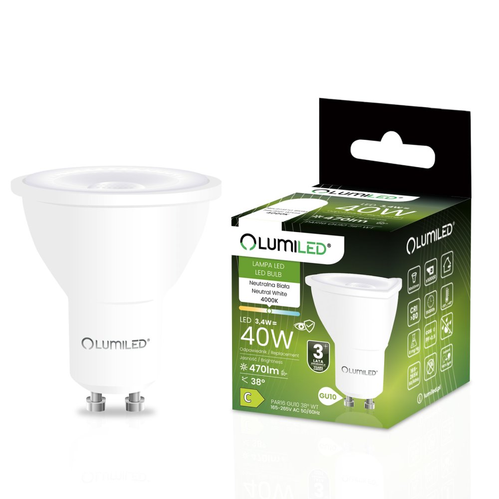 E-shop LED žiarovka GU10 reflektor PAR16 3, 4W = 40W 470lm 4000K neutrálna 38° LUMILED