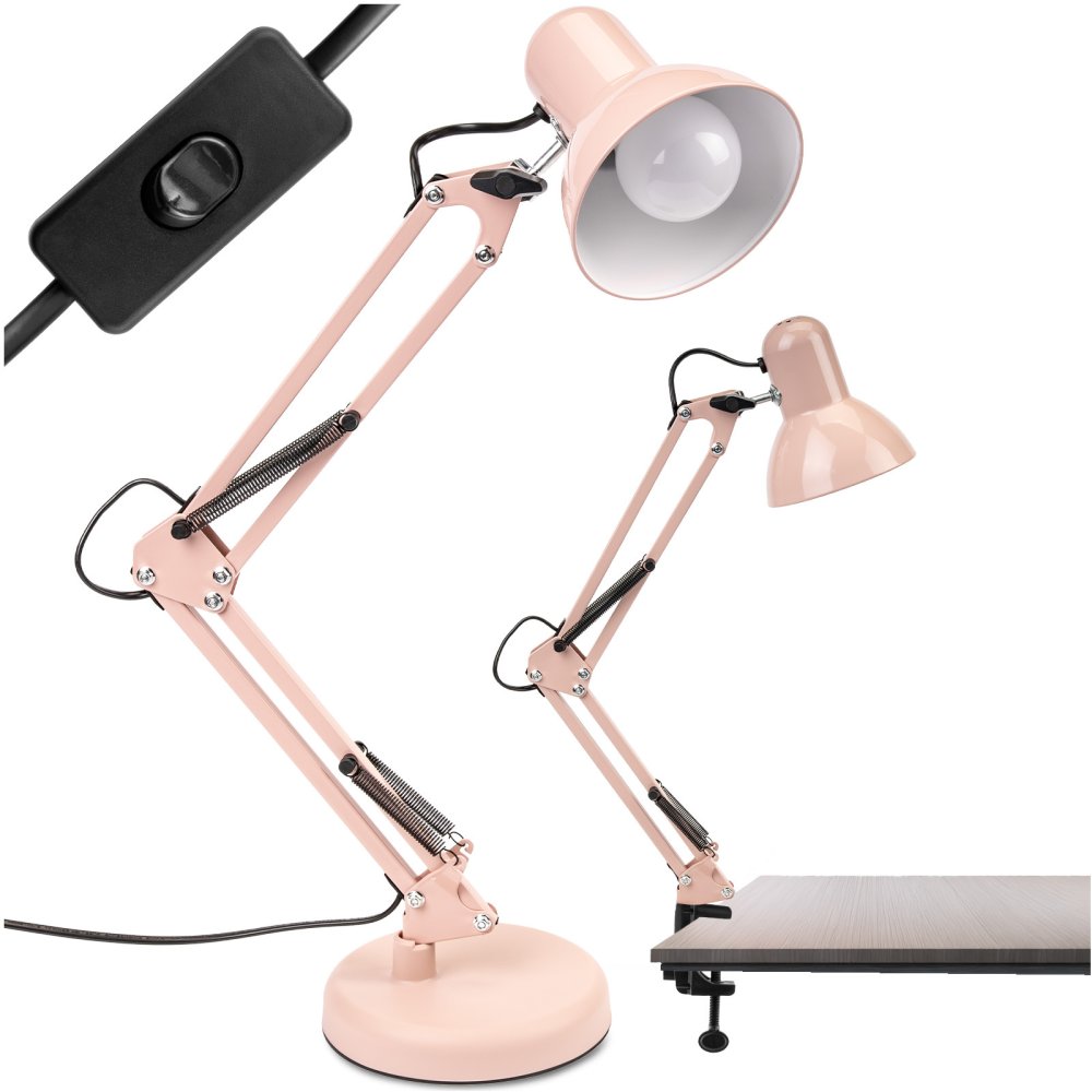 E-shop Stolová kresliarska lampa E27 TOBI pastelová ružová Lumiled s úchytom na dosku
