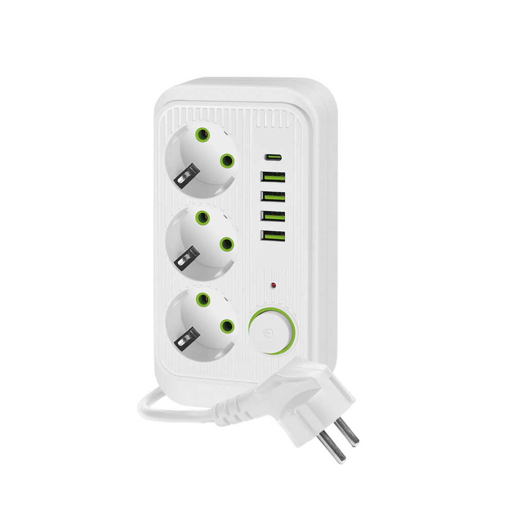 E-shop Sieťová predlžovačka vidlica 3x zásuvka s uzemnením napájací pás 4x USB USB-C vypínač on/off 3m biely LINEA PRO Kobi