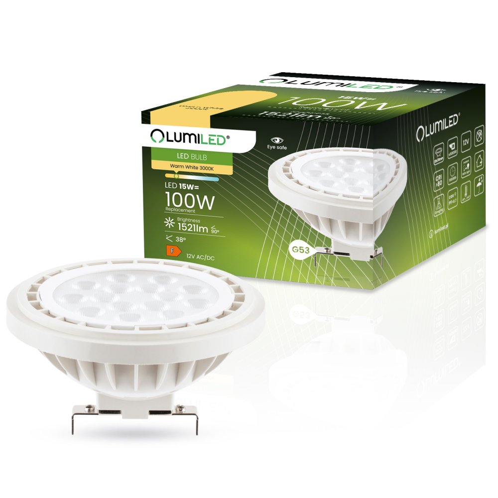 E-shop LED žiarovka G53 AR111 15W = 100W 1521lm 3000K Warm 38° 12V LUMILED