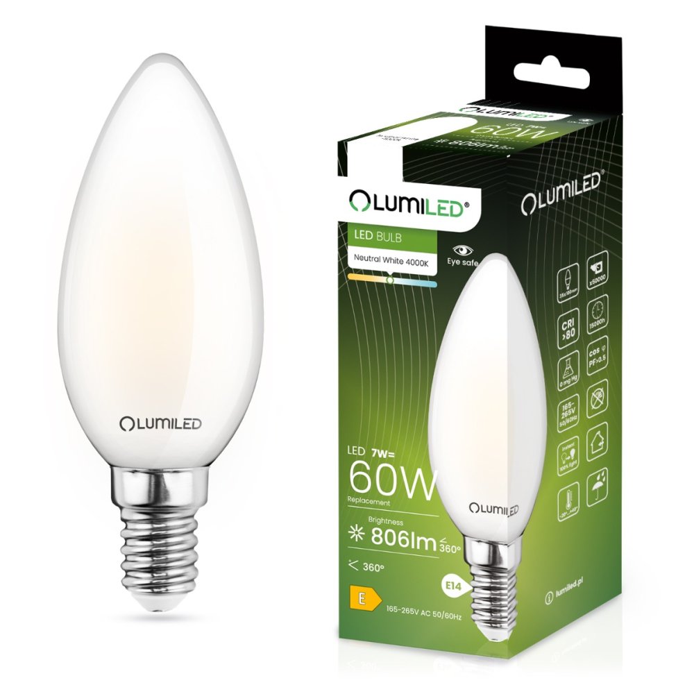 E-shop LED žiarovka E14 B35 7W = 60W 806lm 4000K Neutrálne 360° vlákno LUMILED