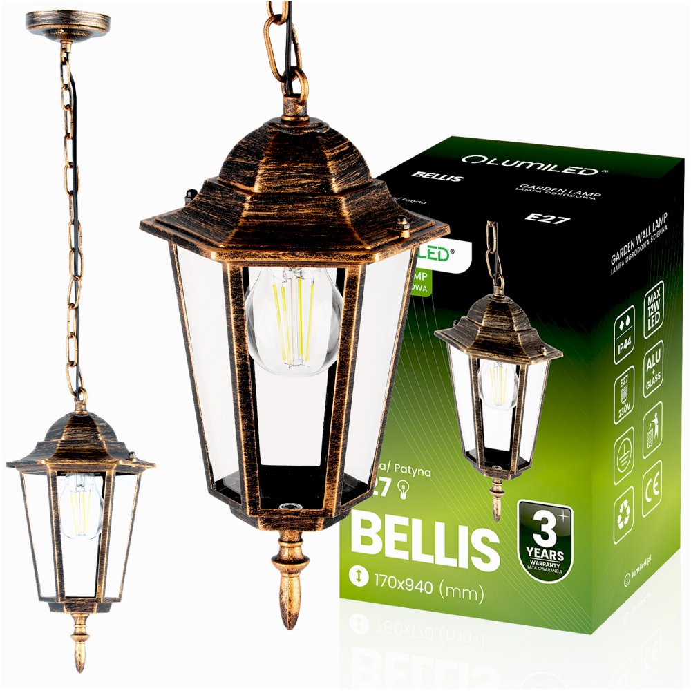 E-shop Vonkajšia závesná záhradná lampa E27 LATARNIA Patina BELLIS LUMILED