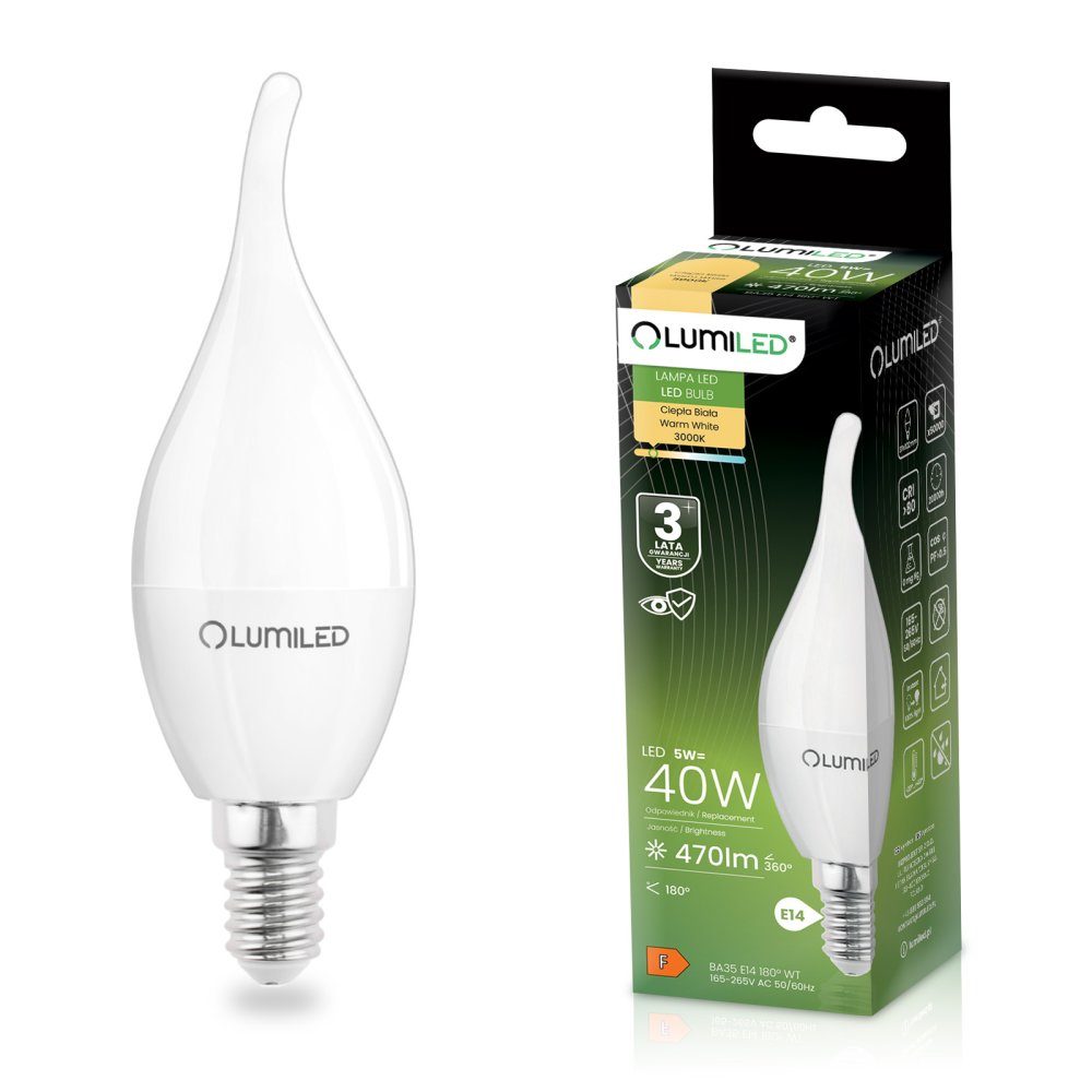 E-shop LED žiarovka E14 BA35 5W = 40W 470lm 3000K Warm 180° LUMILED