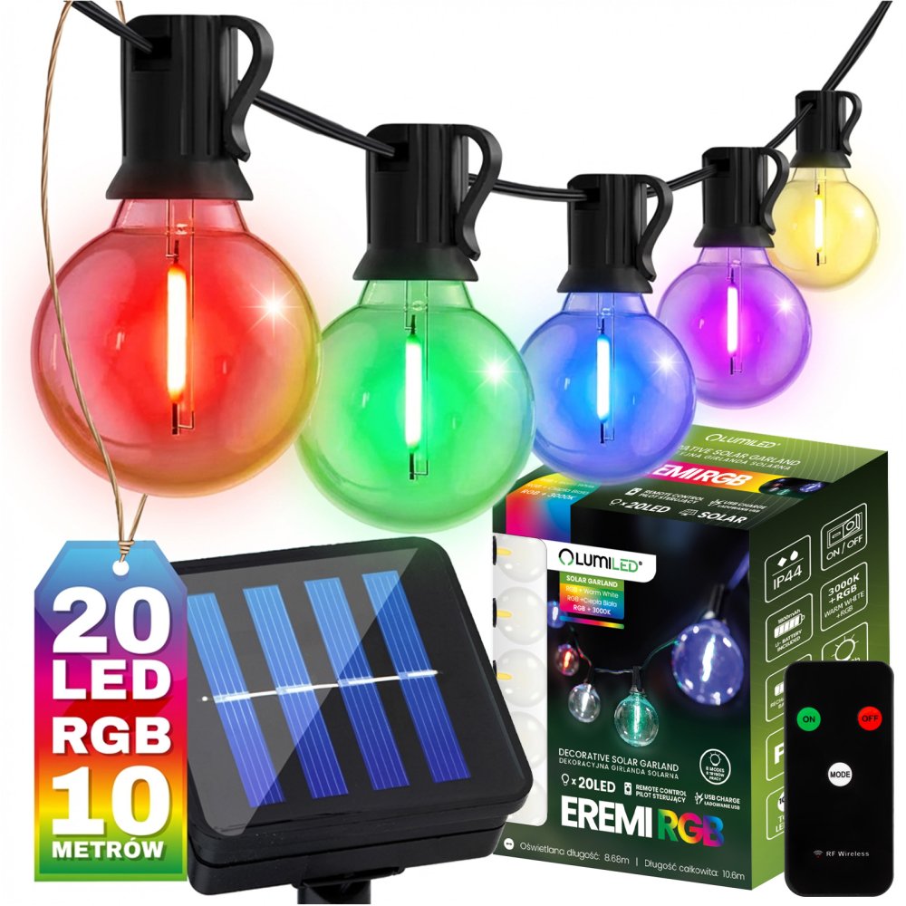 E-shop Solárna záhradná girlanda 20x LED dekoratívne žiarovky G50 10,6 m 3000K RGB + diaľkové ovládanie EREMI LUMILED