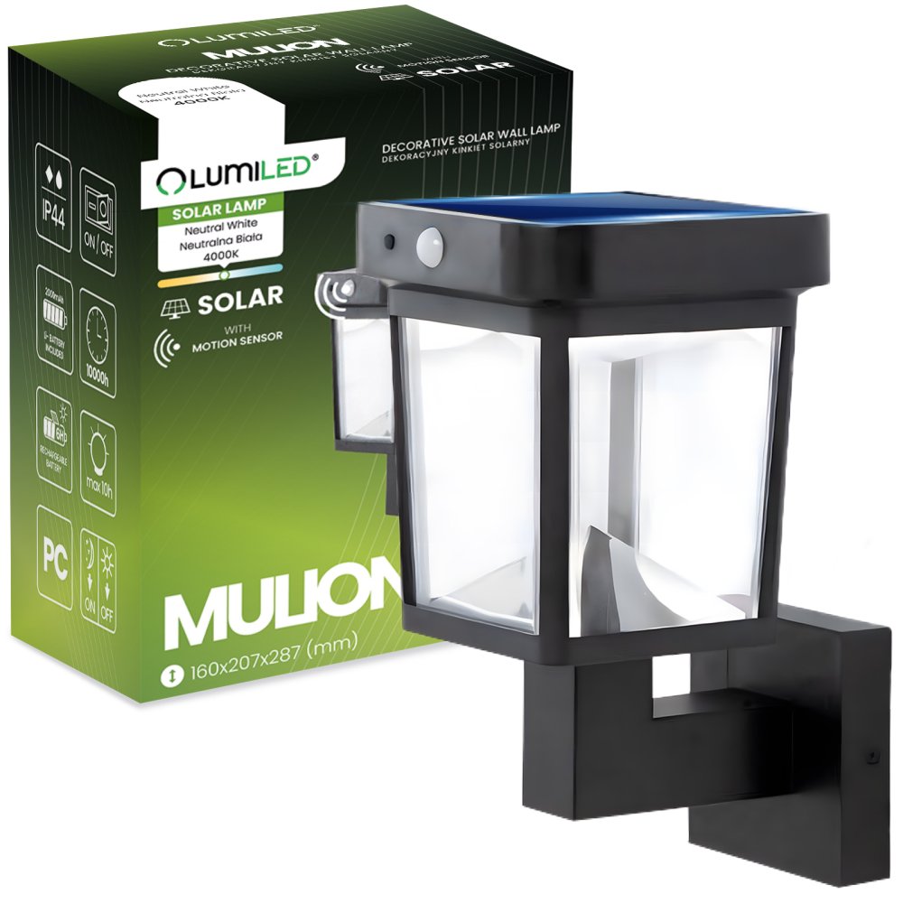Solárne nástenné svietidlo LED fasádne svietidlo 4000K IP44 Senzor pohybu a súmraku MULION LUMILED