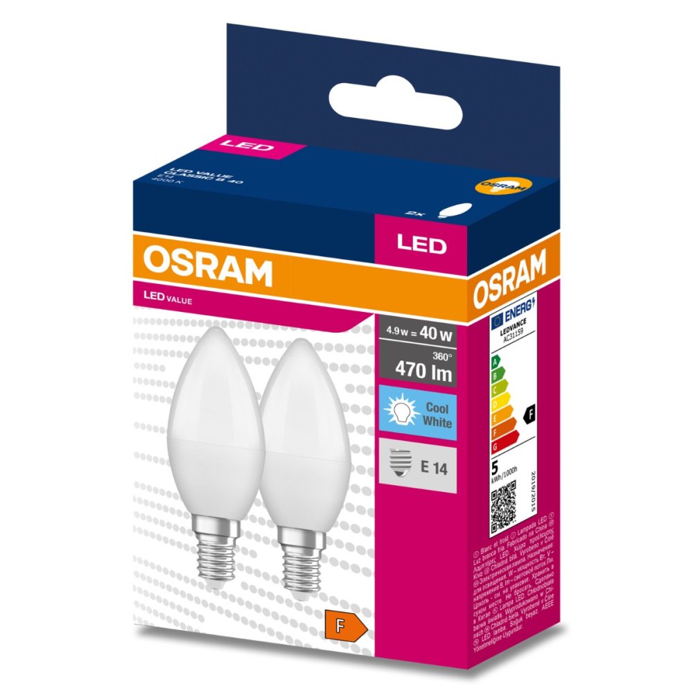 2PAK LED žiarovka E14 B35 4,9W = 40W 470lm 4000K Neutrálna 200° OSRAM VALUE