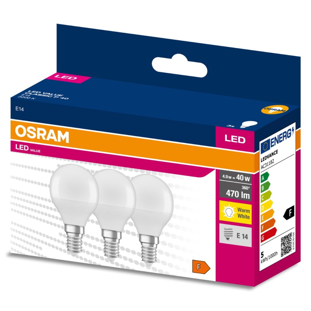 3PAK LED žiarovka E14 P45 4,9W = 40W 470lm 3000K Warm 200° OSRAM VALUE