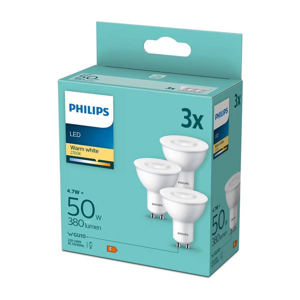 3PAK LED žiarovka GU10 4,7W = 50W 380lm 2700K Warm 36° PHILIPS
