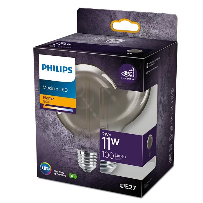 LED žiarovka Globe E27 G93 2W = 11W 100lm 1800K Warm Filament Smoke PHILIPS