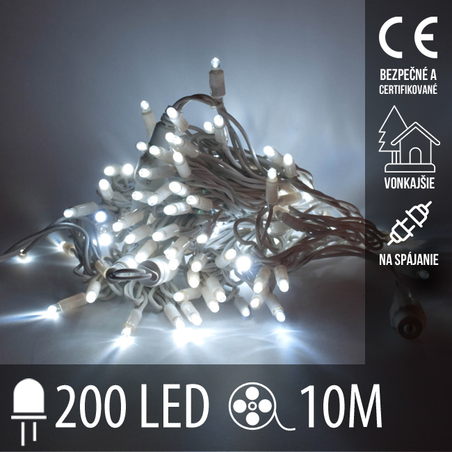 Vianočná led svetelná reťaz vonkajšia na spájanie - 200led - 10m studená biela
