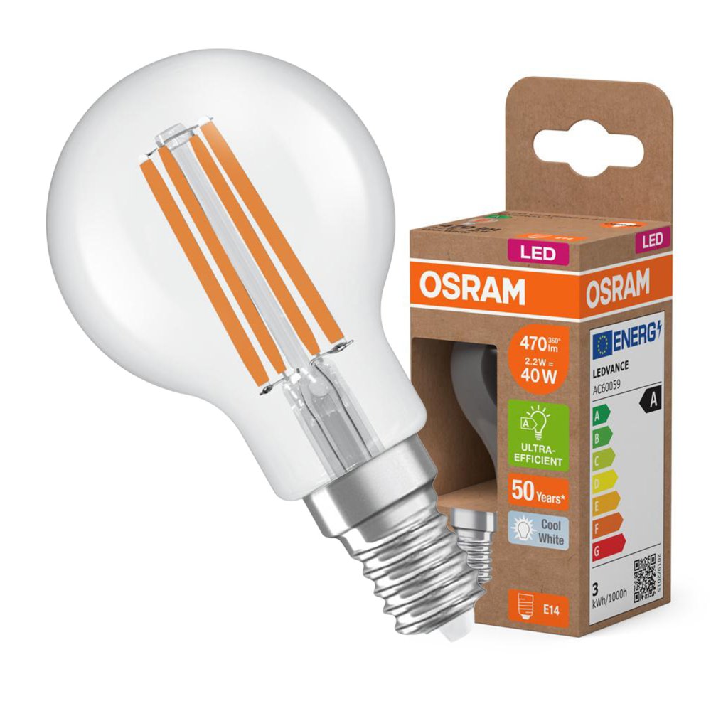 LED žiarovka P45 Ball E14 2,2W = 40W 470lm 4000K Neutrálna 320° 214lm/W Klasická energetická účinnosť Osram