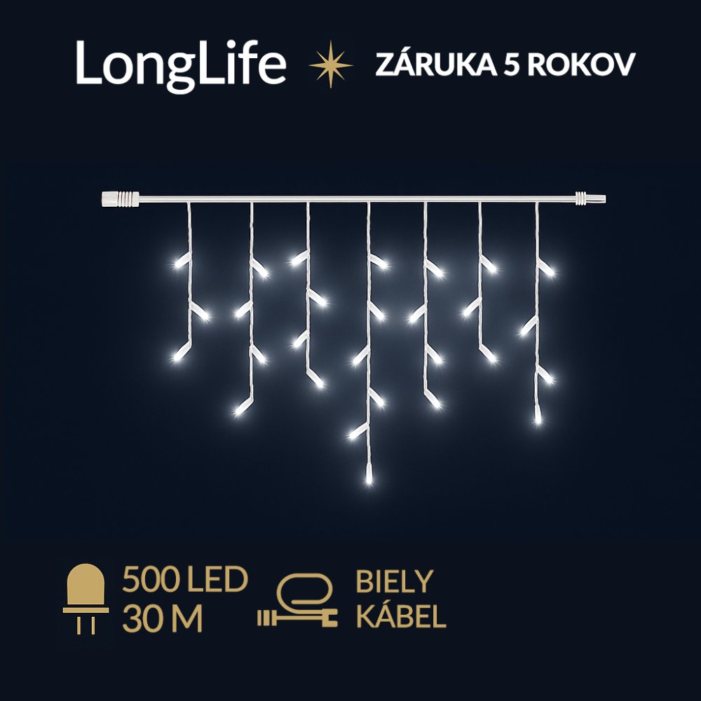 LongLife led svetelná záclona vonkajšia - 500led - 30m studená biela - biely kábel