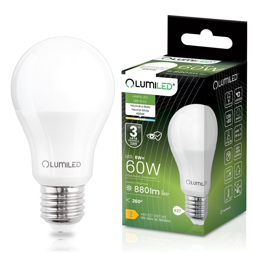 E-shop LED žiarovka E27 A60 8W = 60W 880lm 4000K neutrálna 260° LUMILED