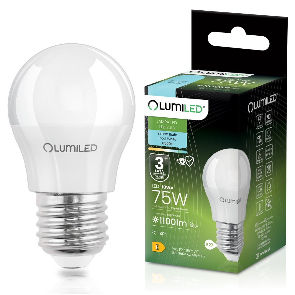 E-shop LED žiarovka E27 guľa P45 10W = 75W 1100lm 6500K studená 180° LUMILED
