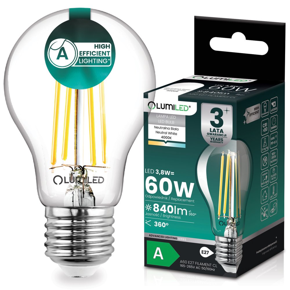 LED žiarovka E27 A60 3, 8W 840lm = 60W 4000K neutrálna 360° filament KLASA A LUMILED