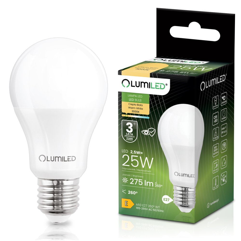 E-shop LED žiarovka E27 A60 2, 5W = 25W 275lm 3000K teplá 260° LUMILED