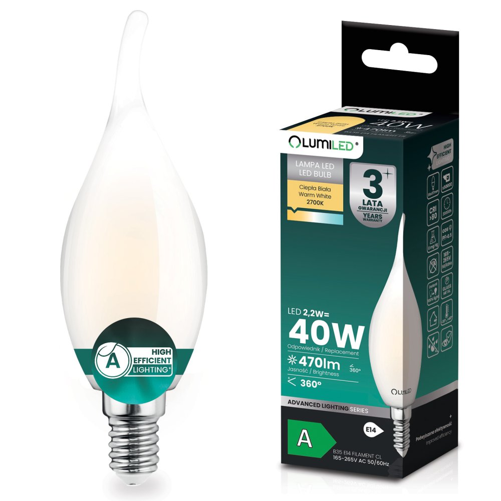 LED žiarovka E14 sviečka BA35 2, 2W 470lm = 40W 2700K teplá 360° filament KLASA A LUMILED