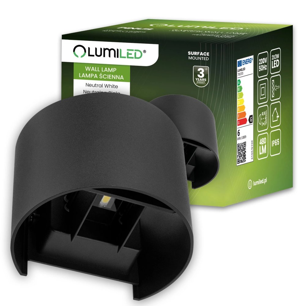 E-shop LED fasádne nástenné svietidlo 2x3W 4000K Nastaviteľné zhora nadol Čierna PINUS LUMILED