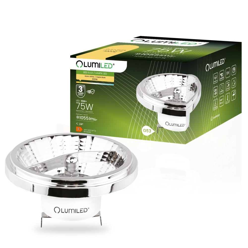 E-shop LED žiarovka G53 Reflector AR111 10W = 75W 1055lm 3000K Warm 24° 12V Silver LUMILED