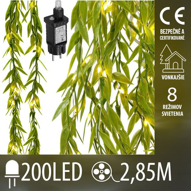 Vianočná led svetelná záclona vonkajšia - svietiaca zeleň - programátor - 200led - 2,85m teplá biela