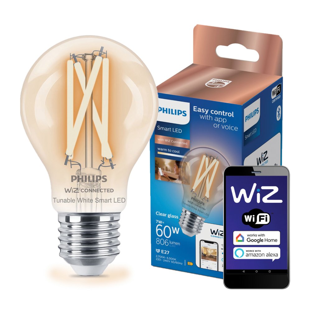 LED žiarovka E27 A60 7W = 60W 806lm 2700-6500K TW FILAMENT Smart SMART WiFi Bluetooth App WiZ Philips