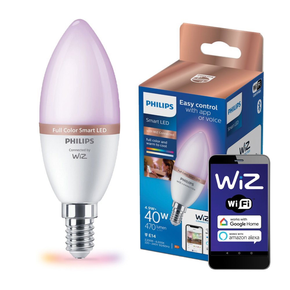 LED žiarovka E14 Candle C37 4,9W = 40W 470lm 2200-6500K RGB + TW Smart SMART WiFi Bluetooth App WiZ Philips