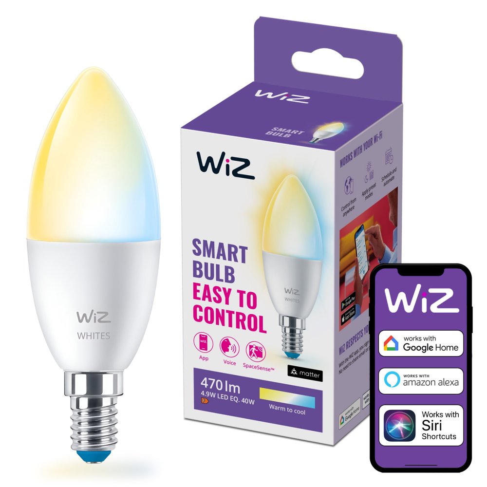 LED žiarovka E14 Candle C37 4,9W = 40W 470lm 2700-6500K TW Smart SMART WiFi Bluetooth App WiZ