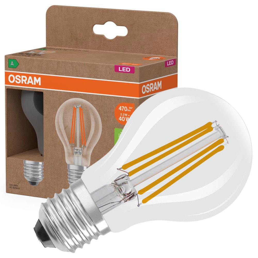 2x LED žiarovka A60 E27 2,2W = 40W 470lm 2700K teplé 300° vlákno CLASSIC ENERGETICKÁ ÚSPORNOSŤ Osram