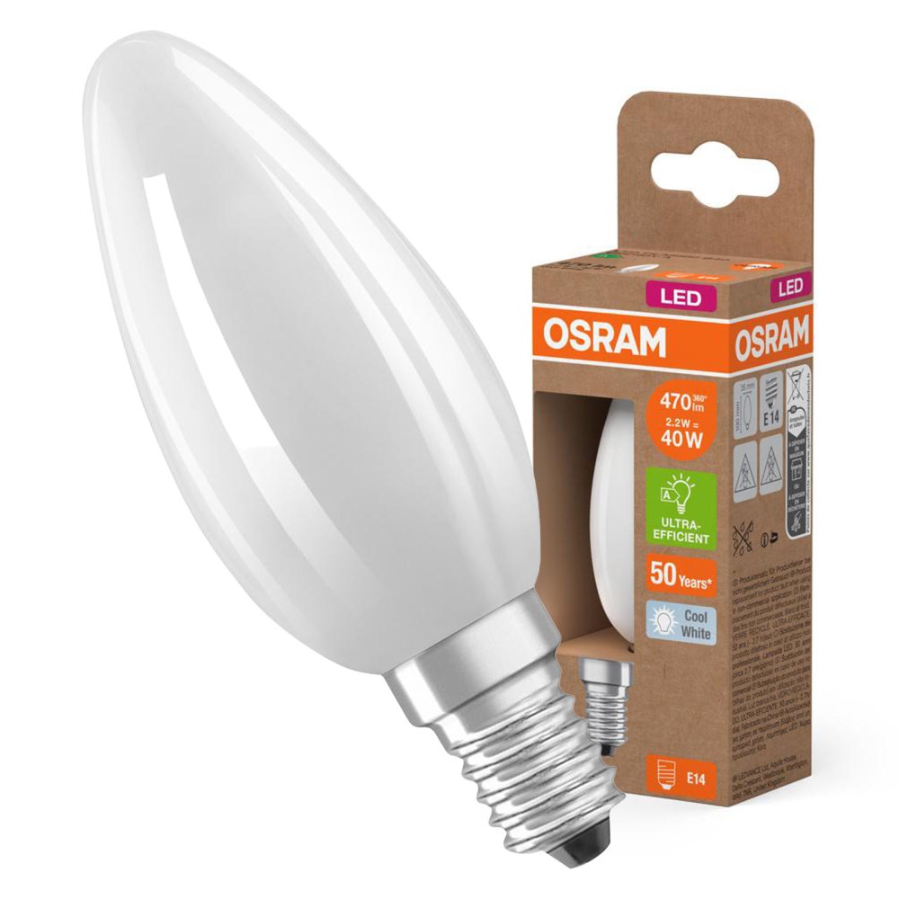 LED žiarovka B35 Candle E14 2,2W = 40W 470lm 4000K Neutrálna 330° 214lm/W Klasická energetická úspornosť Osram