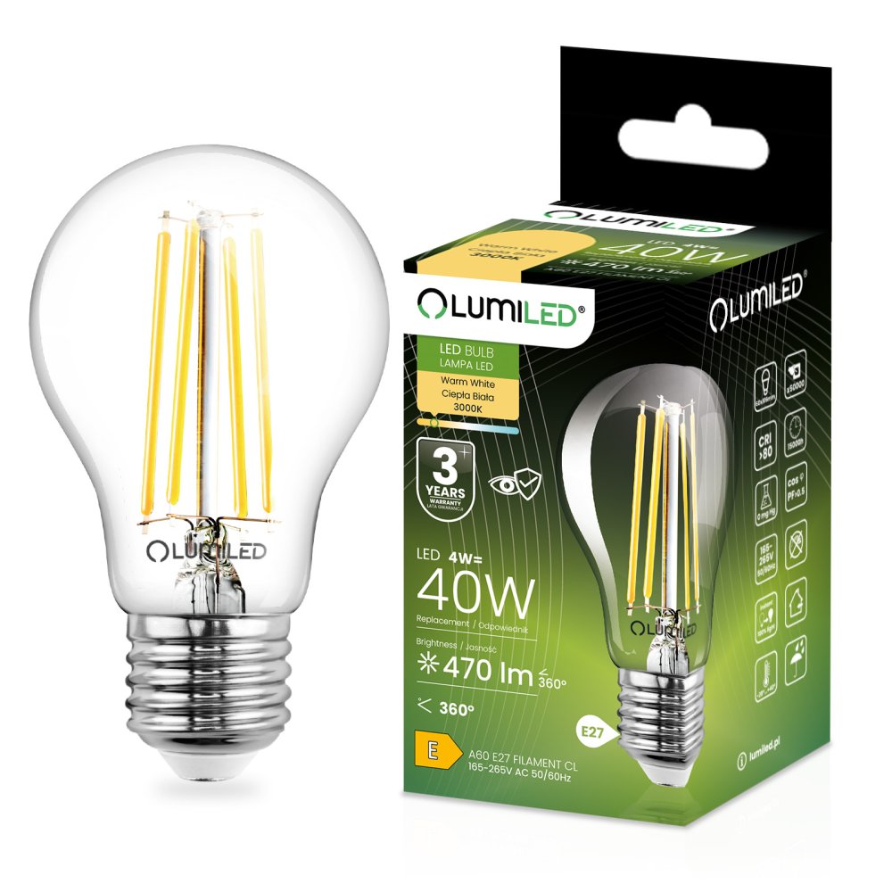 LED žiarovka E27 A60 4W = 40W 470lm 3000K Warm 360° FILAMENT LUMILED