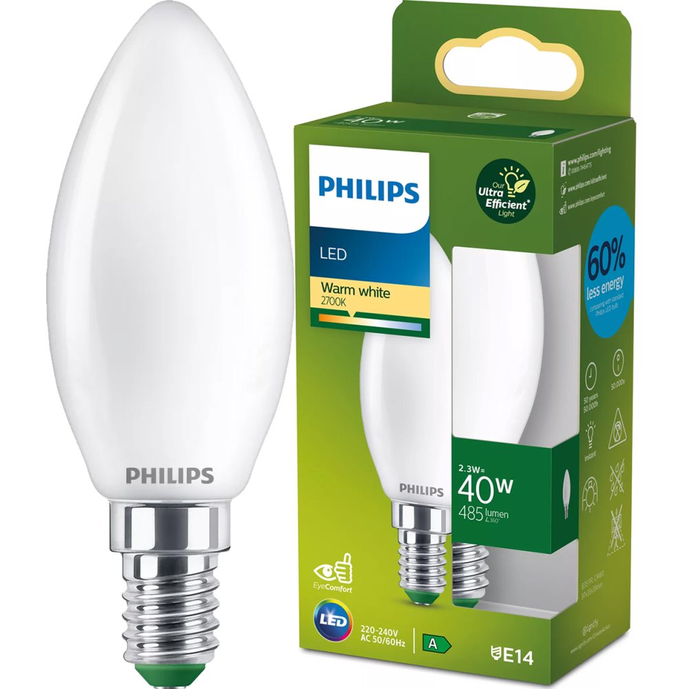 LED žiarovka E14 Candle B35 2,3W = 40W 485lm 210lm/W 2700K Warm 300° CLASS A UltraEfficient Philips