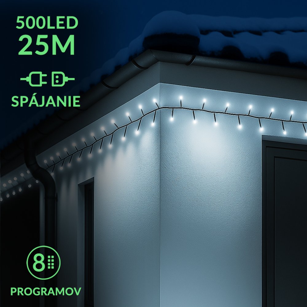 Vianočná led svetelná reťaz na spájanie vonkajšia - programy - 500led - 25m - studená biela