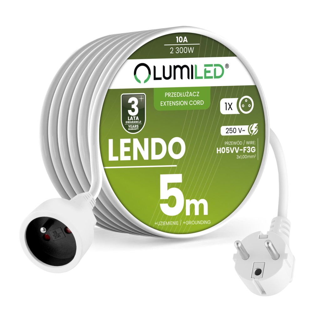 E-shop Sieťový predlžovací kábel s uzemnením napájacia lišta 1 zásuvka 5m biely šnúra Lendo Lumiled