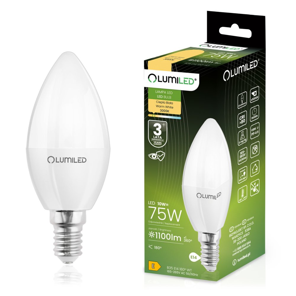 E-shop LED žiarovka E14 sviečka B35 10W = 75W 1100lm 3000K teplá 180° LUMILED