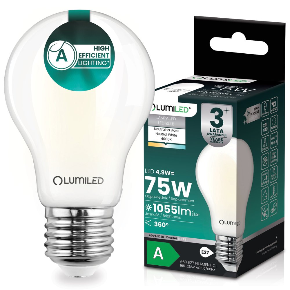 Žiarovka LED E27 A60 4, 9W 1055lm = 75W 4000K neutrálna 360° filament KLASA A LUMILED